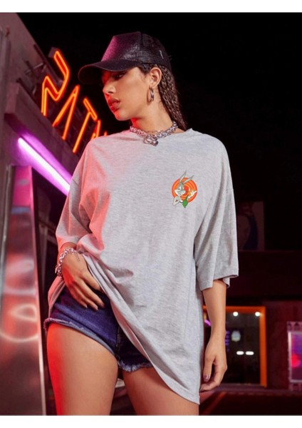 Kadın Bugs Bunny Logo Baskılı Gri Oversize T-Shirt