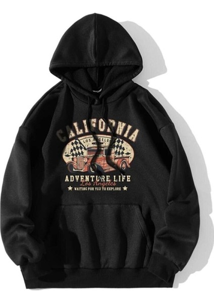 Unisex Siyah California Sweatshirt Kapşonlu