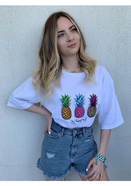 Ananas Beyaz Oversize Kadın T-Shirt