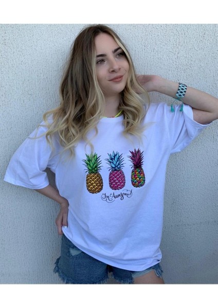 Ananas Beyaz Oversize Kadın T-Shirt