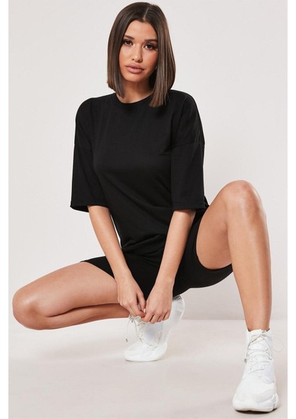 Kadın Düz Siyah Oversize T-Shirt