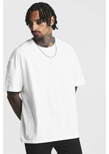 Erkek Beyaz Düz Oversize T-Shirt