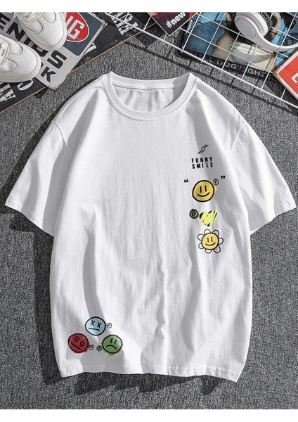 Unisex Beyaz T-Shirt Funny Smile Baskılı Oversize Tişört