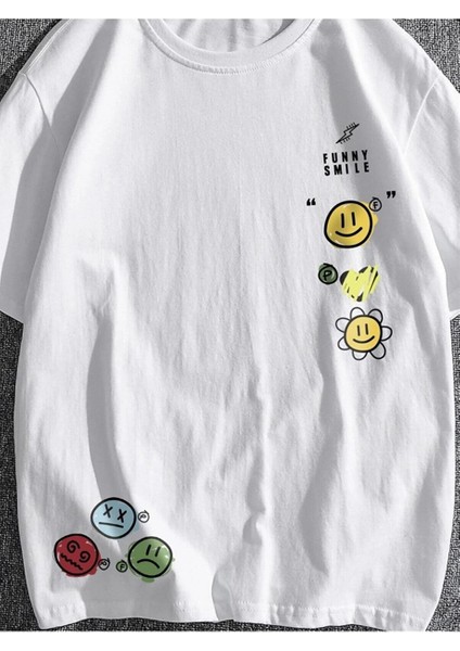 Unisex Beyaz T-Shirt Funny Smile Baskılı Oversize Tişört modelleri