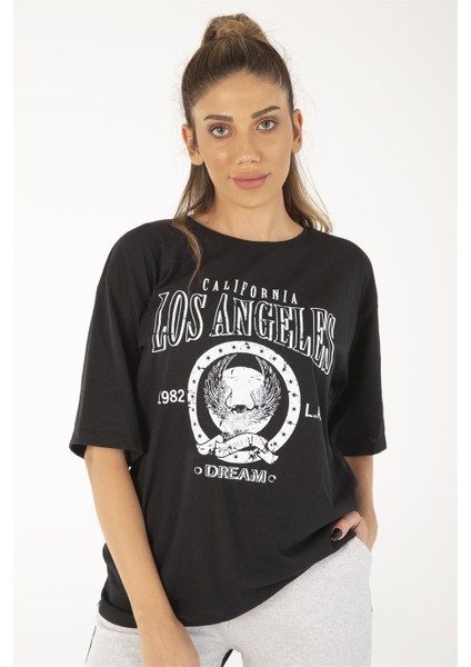 Kadın Siyah Oversize Los Angeles Baskılı T-Shirt
