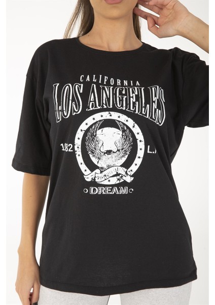 Kadın Siyah Oversize Los Angeles Baskılı T-Shirt fırsatları