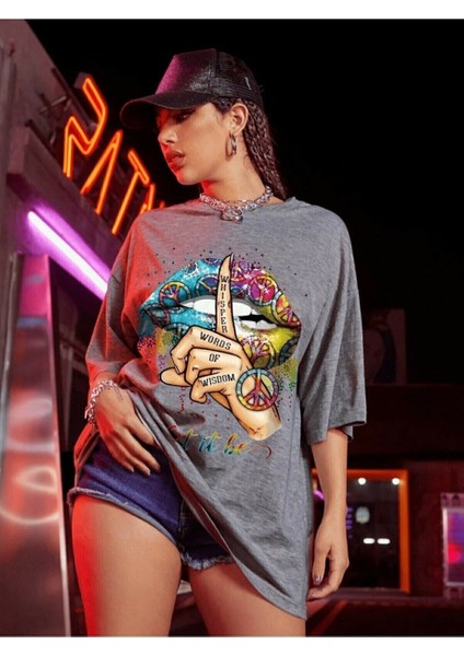Kadın Antrasit Let It Be Oversize T-Shirt fırsatları