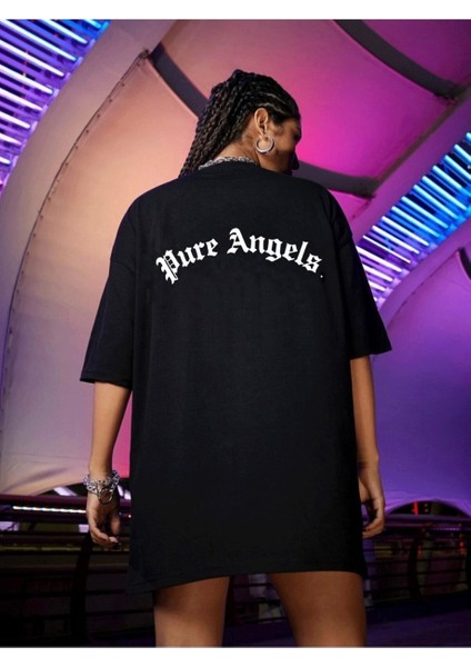 Kadın Siyah Ön Arka Baskılı Pure Angels Oversize T-Shirt