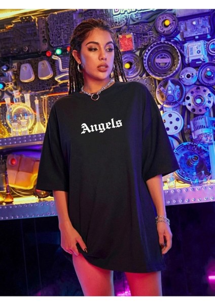 Kadın Siyah Ön Arka Baskılı Pure Angels Oversize T-Shirt fiyatları