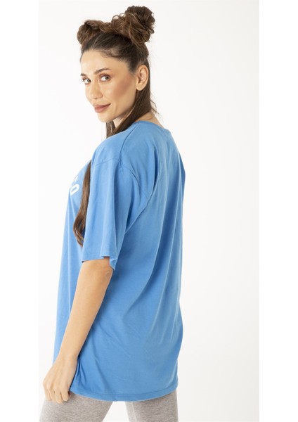 Kadın Indigo Mavi Oversize Sanfrancisco T-Shirt modelleri