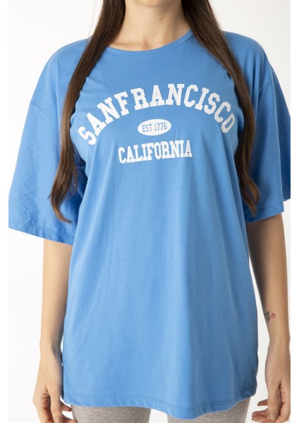 Kadın Indigo Mavi Oversize Sanfrancisco T-Shirt fırsatları