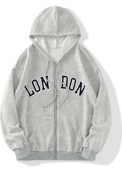 Unisex Gri London Baskılı Fermuarlı Sweat Hırka