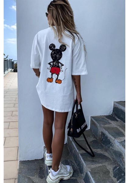 Kadın Beyaz Sırt Baskılı Mickey Mouse T-Shirt