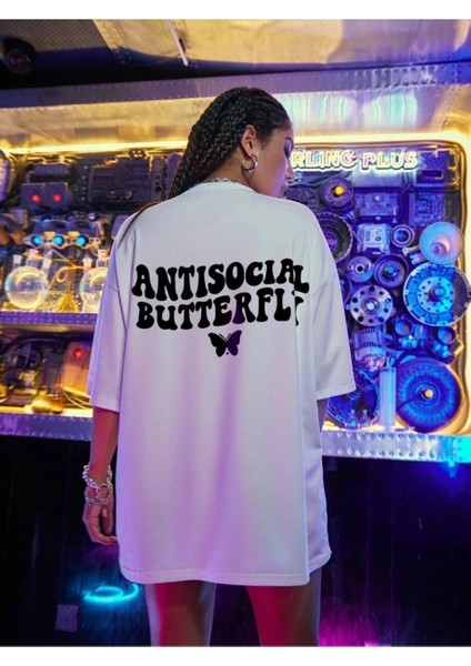 Logo Baskılı Beyaz Tişört Antisocial Butterfly