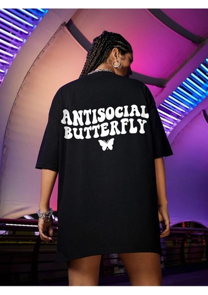 Logo Baskılı Siyah Tişört Antisocial Butterfly