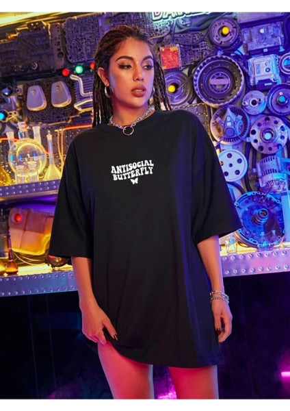 Logo Baskılı Siyah Tişört Antisocial Butterfly modelleri