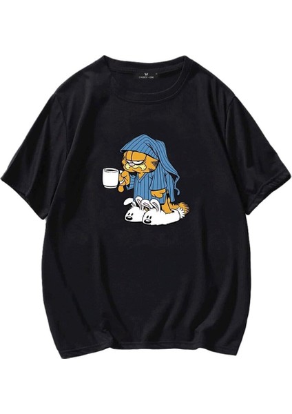 Unisex Uykulu Garfield Siyah Tişört