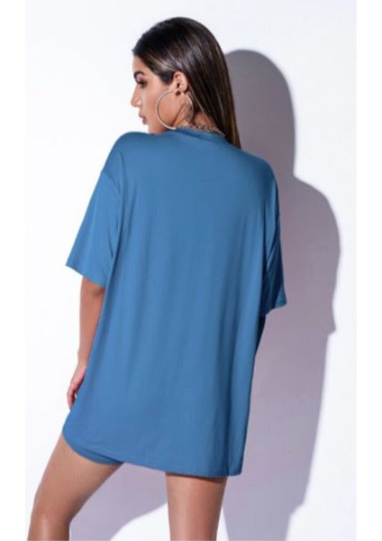 Kadın Indigo Mavi Oversize Columbıa T-Shirt