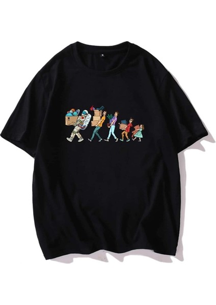 Erkek Siyah Oversize T-Shirt Astronot Baskılı