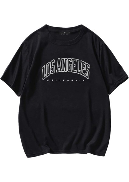 Unisex Siyah T-Shirt Los Angeles Baskılı Oversize Tişört