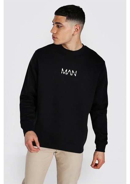 Erkek Siyah Man Baskili Oversize Sweatshirt