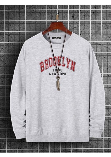Erkek Brooklyn Baskili Gri Oversize Sweatshirt