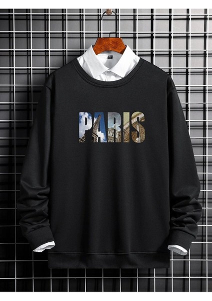Erkek Parıs Baskılı Siyah Oversize Sweatshirt
