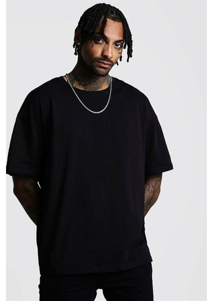 Erkek Siyah Düz Oversize T-Shirt