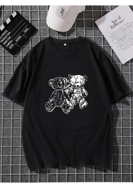 Erkek Siyah Oversize T-Shirt Ayı Baskılı