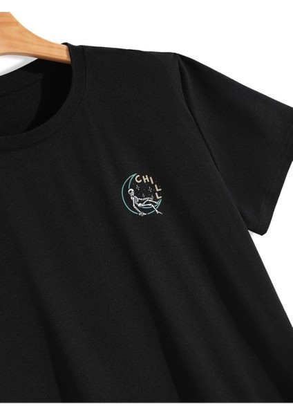 Erkek Siyah Oversize T-Shirt Chill Baskılı modelleri