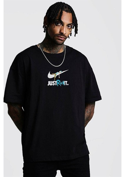 Erkek Siyah Oversize T-Shirt Just Rick It Baskılı Tişört