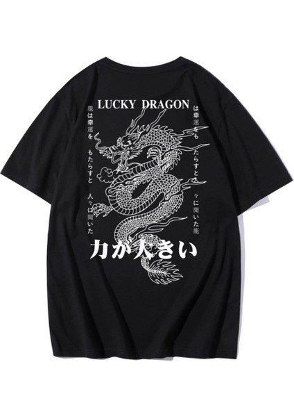 Erkek Siyah T-Shirt Lucky Dragon Baskılı Oversize T-Shirt