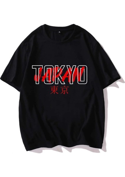 Erkek Siyah T-Shirt Tokyo Japan Baskılı Oversize Tişört