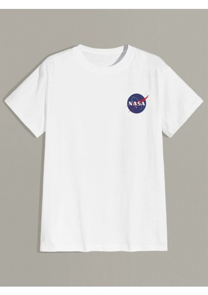 Erkek Beyaz T-Shirt Nasa Logo Baskılı Oversize Tişört