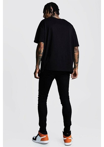 Erkek Siyah Oversize T-Shirt Just Rick It Baskılı Tişört