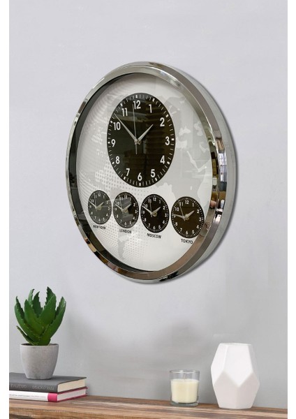 5 Li Otel Dünya Duvar Saati Metal Krom Çerçeve Çap 52 cm
