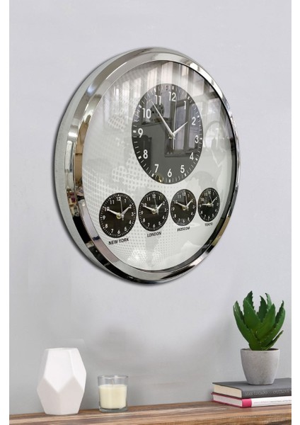 5 Li Otel Dünya Duvar Saati Metal Krom Çerçeve Çap 52 cm