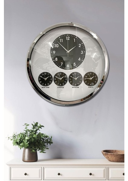5 Li Otel Dünya Duvar Saati Metal Krom Çerçeve Çap 52 cm