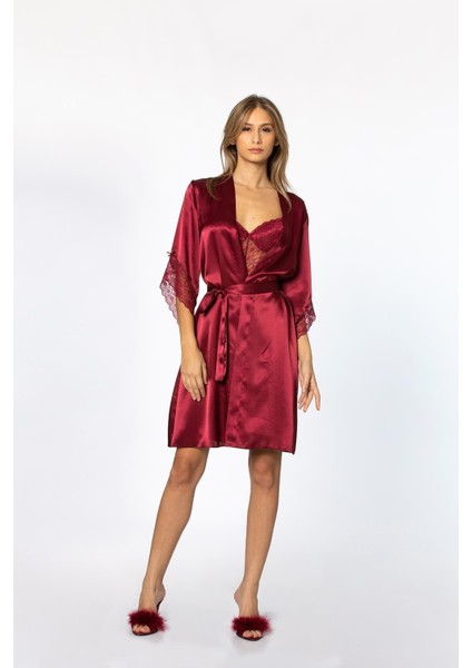 Pierre Cardin kadın Saten Dantelli Gecelik & Sabahlık Takım - 4240 Bordo
