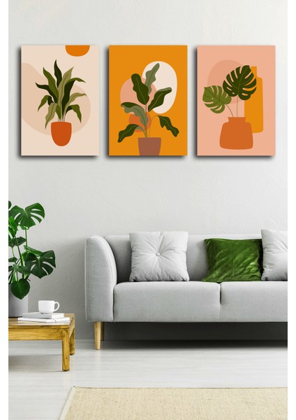 Tropikal Yaprak Soyut Modern Minimal Kanvas Tablosu 3'lü Canvas Tablo Seti
