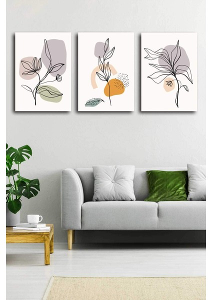 Tropikal Soyut Çiçekler Modern Minimal Kanvas Tablosu 3'lü Canvas Tablo Seti