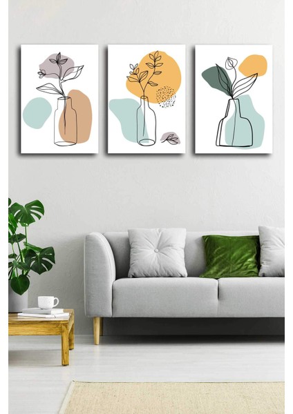 Tropikal Soyut Çiçekler Modern Minimal Kanvas Tablosu 3'lü Canvas Tablo Seti