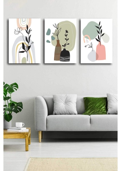 Gift Pack Tropikal Soyut Çiçekler Modern Minimal Kanvas Tablosu 3'lü Canvas Tablo Seti