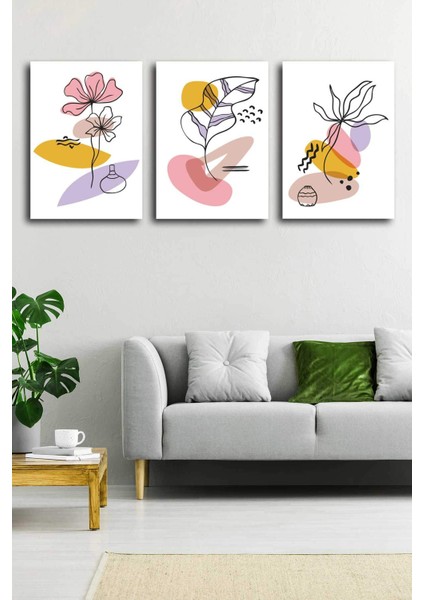 Tropikal Soyut Çiçekler Modern Minimal Kanvas Tablosu 3'lü Canvas Tablo Seti