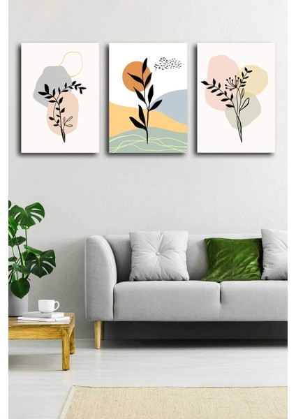 Tropikal Soyut Çiçekler Modern Minimal Kanvas Tablosu 3'lü Canvas Tablo Seti