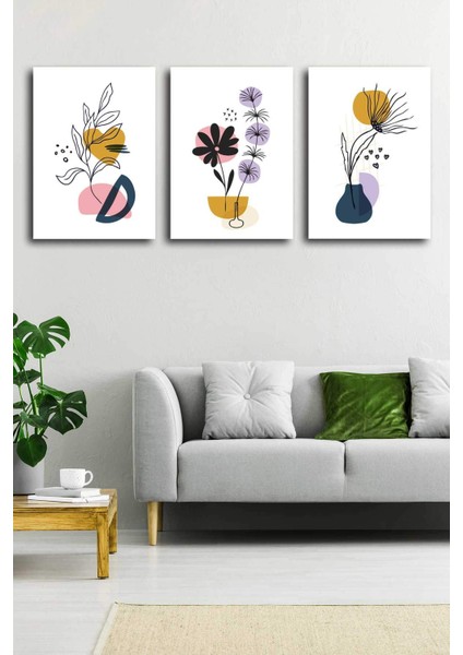 Gift Pack Soyut Çiçekler Modern Minimal Kanvas Tablosu 3'lü Canvas Tablo Seti