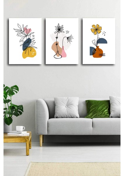 Gift Pack Soyut Çiçekler Modern Minimal Kanvas Tablosu 3'lü Canvas Tablo Seti