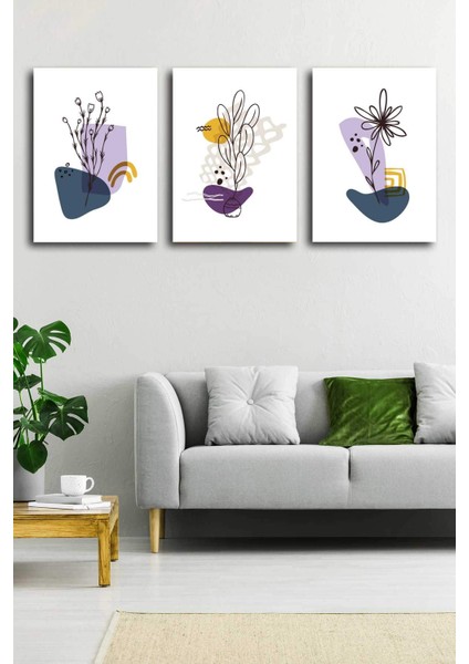 Gift Pack Soyut Çiçekler Modern Minimal Kanvas Tablosu 3'lü Canvas Tablo Seti