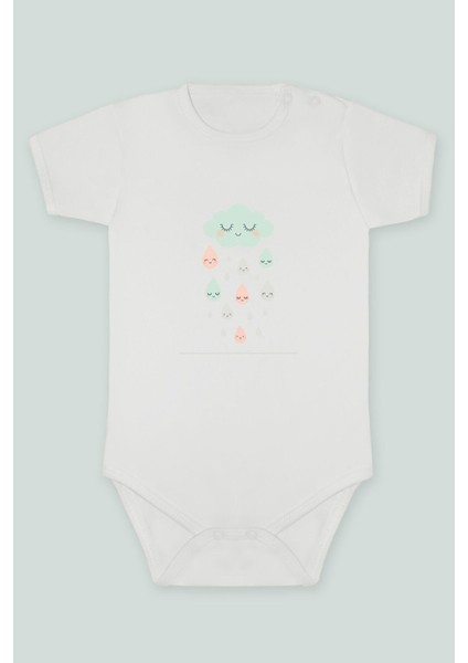 Gülümseyen Bulut ve Yağmur Damlaları Baskılı Bebek Body Zıbın Kısa Kollu Çıt Çıtlı Badi %10 Pamuk