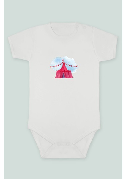 Sevimli Sihirbaz Sirk Maymunu ve Fil Baskılı Bebek Body Zıbın Kısa Kollu Çıt Çıtlı Badi %10 Pamuk